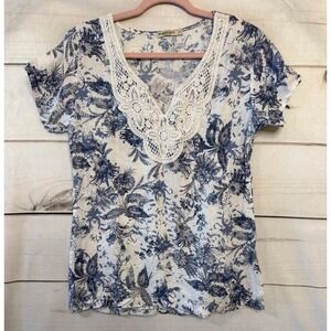 Marina Gigli Linen Floral Toile Lace V-Neck Top Made in Italy Blue White Small